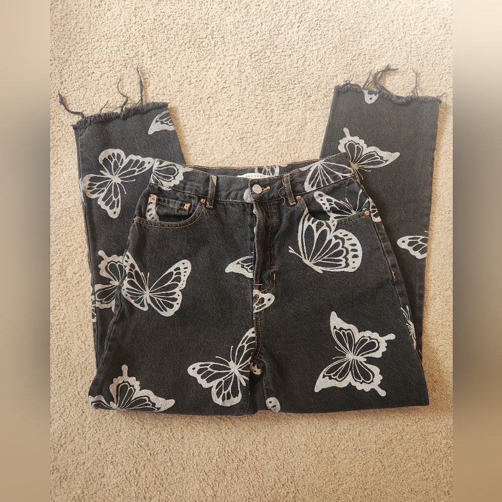 PacSun Black and White Cropped High Rise Butterfly Jeans